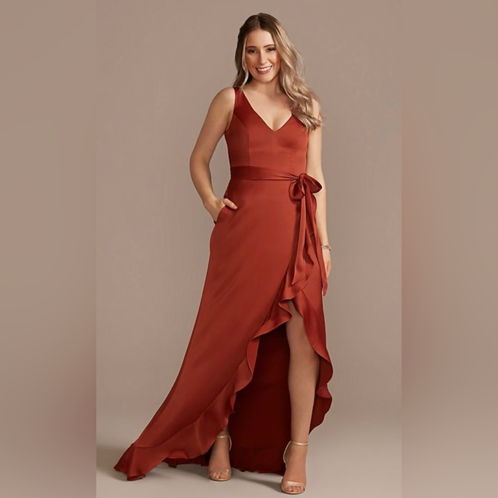 David’s Bridal Crepe Satin Ruffle High Low Dress (CURRENTLY SOLD OUT) - Cinnamon